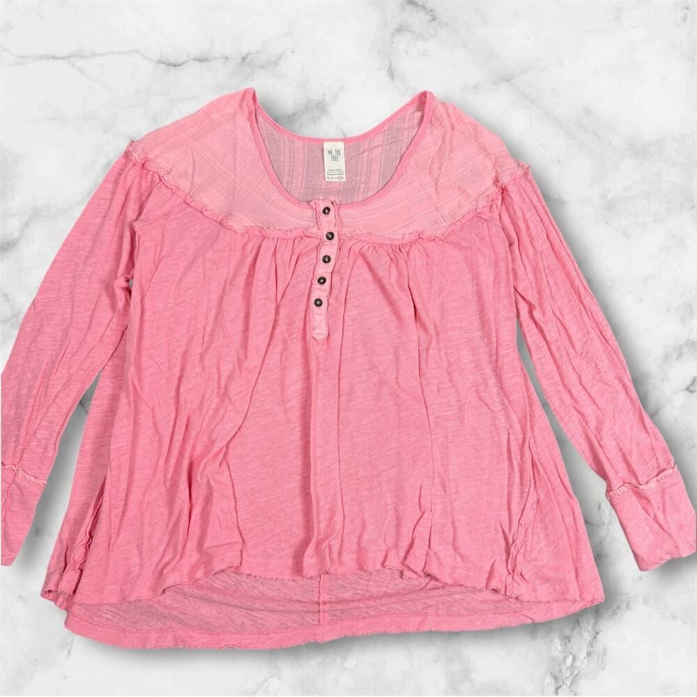 Free People Womens Down Under Henley Top Size L Sugar Coral Linen Cotton Blend